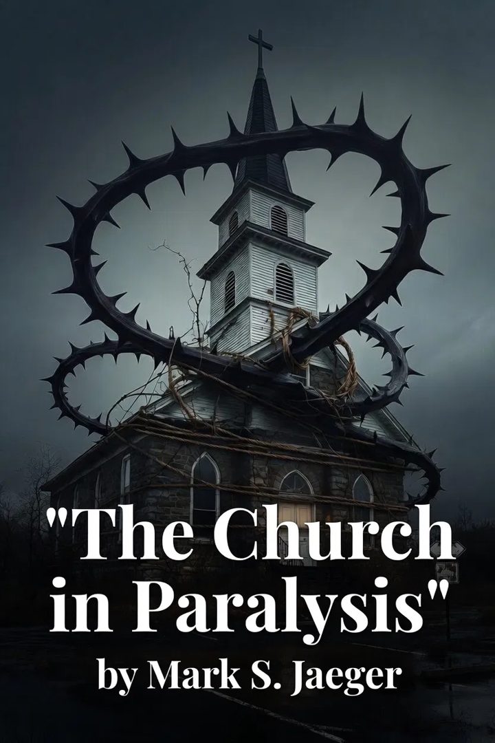 Cover of The Church in Paralysis by Mark S. Jaeger. A white clapboard church steeple under a storm sky, bound by a looping crown of thorns and rope.